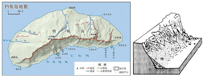 在中央山脉陡崖底部,常见成片倒石堆(斜坡上的岩体,土体在重力作用下